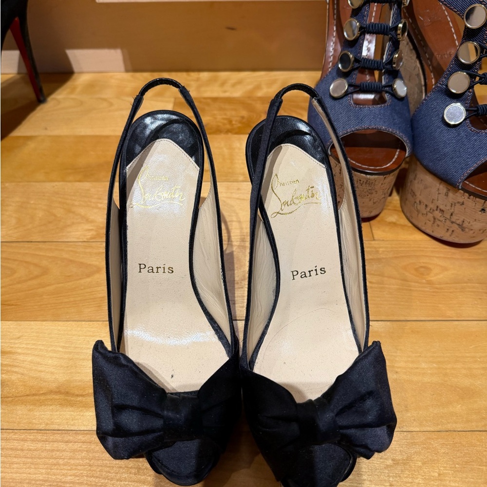 Christian Louboutin Black Bow Slingback Peep Toe Heels